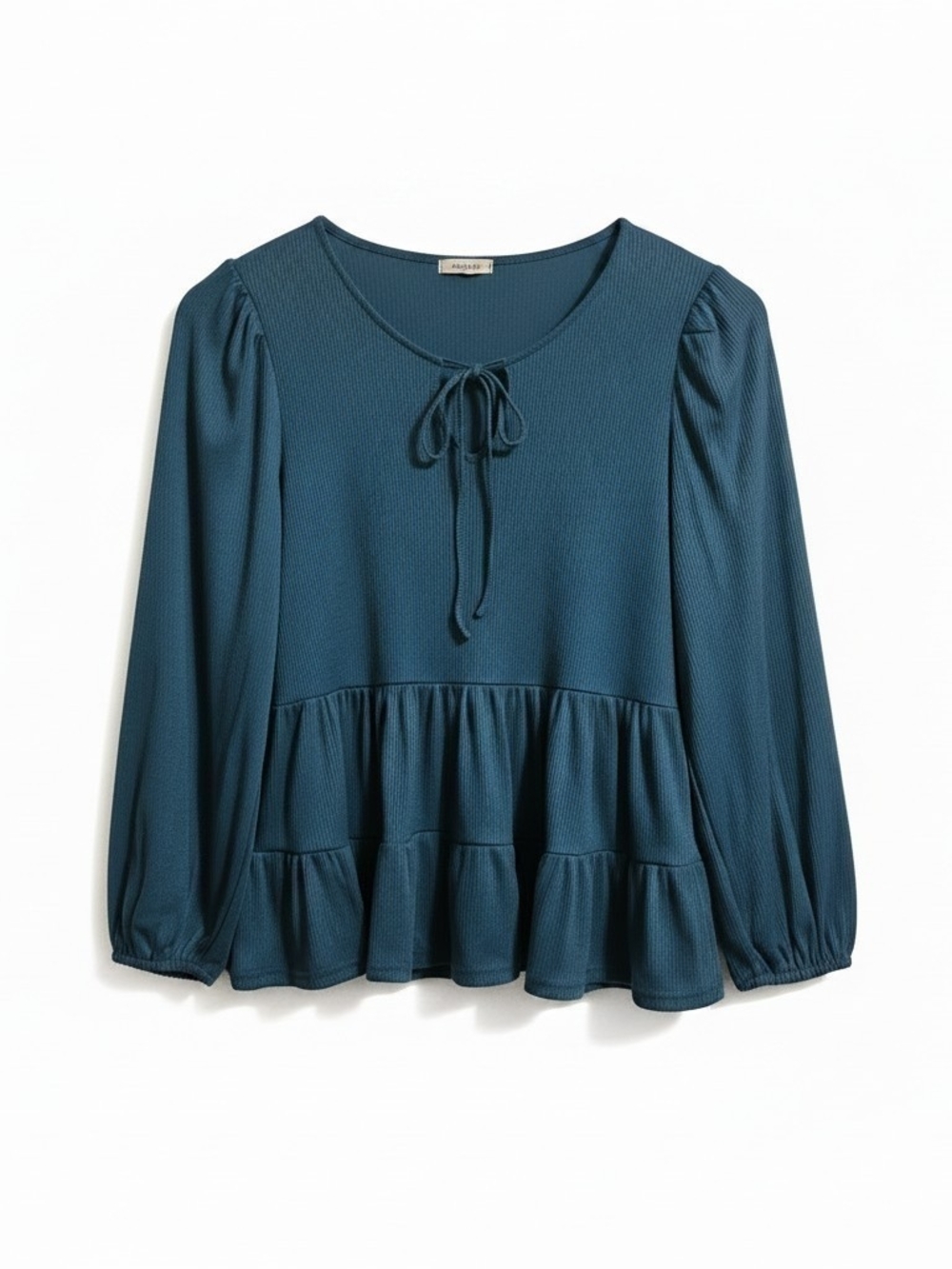 Story Teller Tie-Neck Peplum Long-Sleeve Tunic - Teal